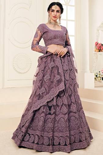 lavender heavy butterfly net embroidered wedding wear lehenga with choli and dupatta