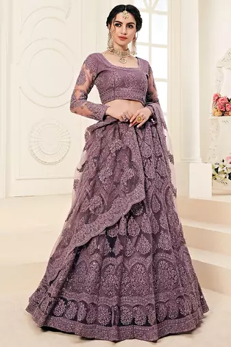 lavender heavy butterfly net embroidered wedding wear lehenga with choli and dupatta