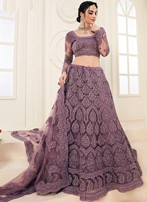 lavender heavy butterfly net embroidered wedding wear lehenga with choli and dupatta 2
