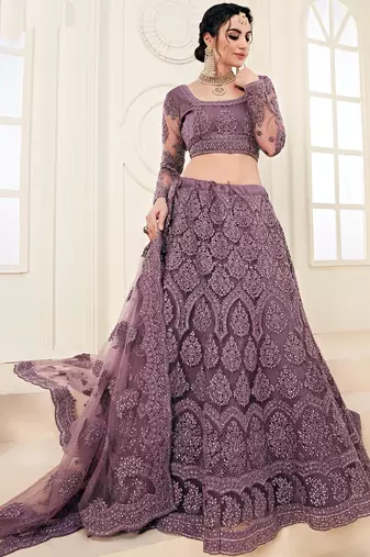 lavender heavy butterfly net embroidered wedding wear lehenga with choli and dupatta