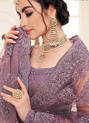 lavender heavy butterfly net embroidered wedding wear lehenga with choli and dupatta 3