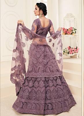 lavender heavy butterfly net embroidered wedding wear lehenga with choli and dupatta 4