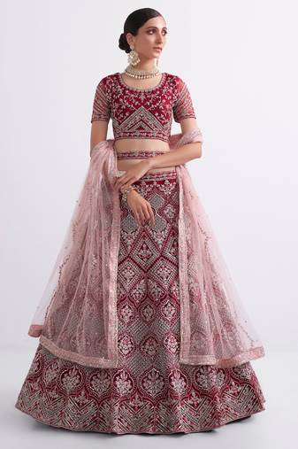 maroon heavy butterfly net embroidered bridal lehenga with choli and dupatta