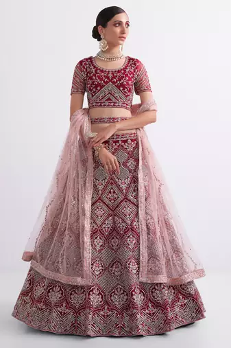 maroon heavy butterfly net embroidered bridal lehenga with choli and dupatta