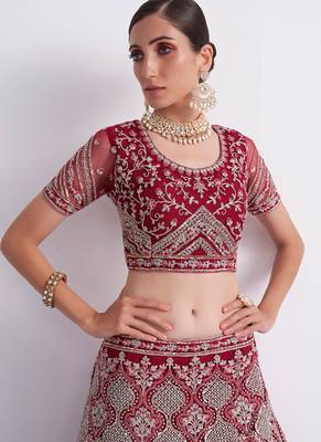 maroon heavy butterfly net embroidered bridal lehenga with choli and dupatta 2