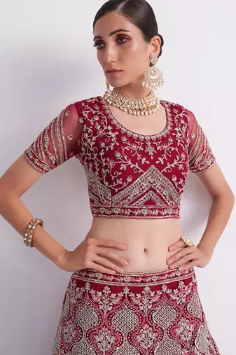 maroon heavy butterfly net embroidered bridal lehenga with choli and dupatta