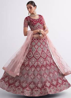 maroon heavy butterfly net embroidered bridal lehenga with choli and dupatta 3
