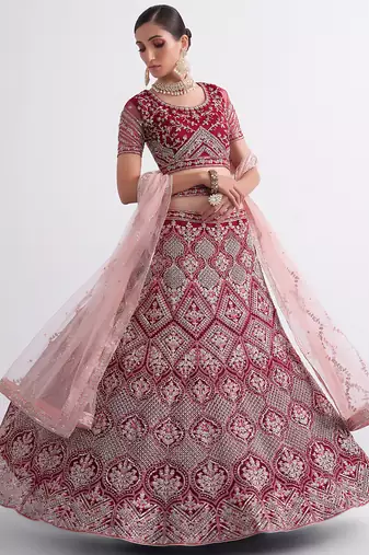 maroon heavy butterfly net embroidered bridal lehenga with choli and dupatta