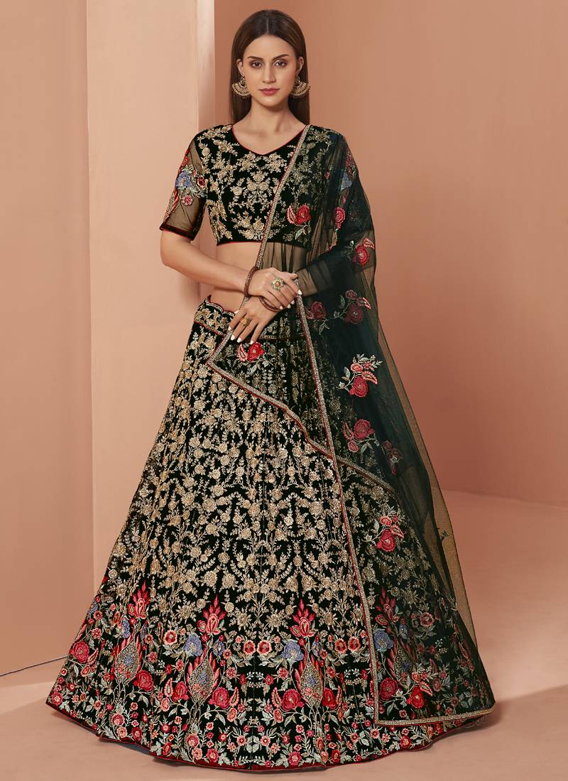 black heavy butterfly net embroidered lehenga set with choli and dupatta