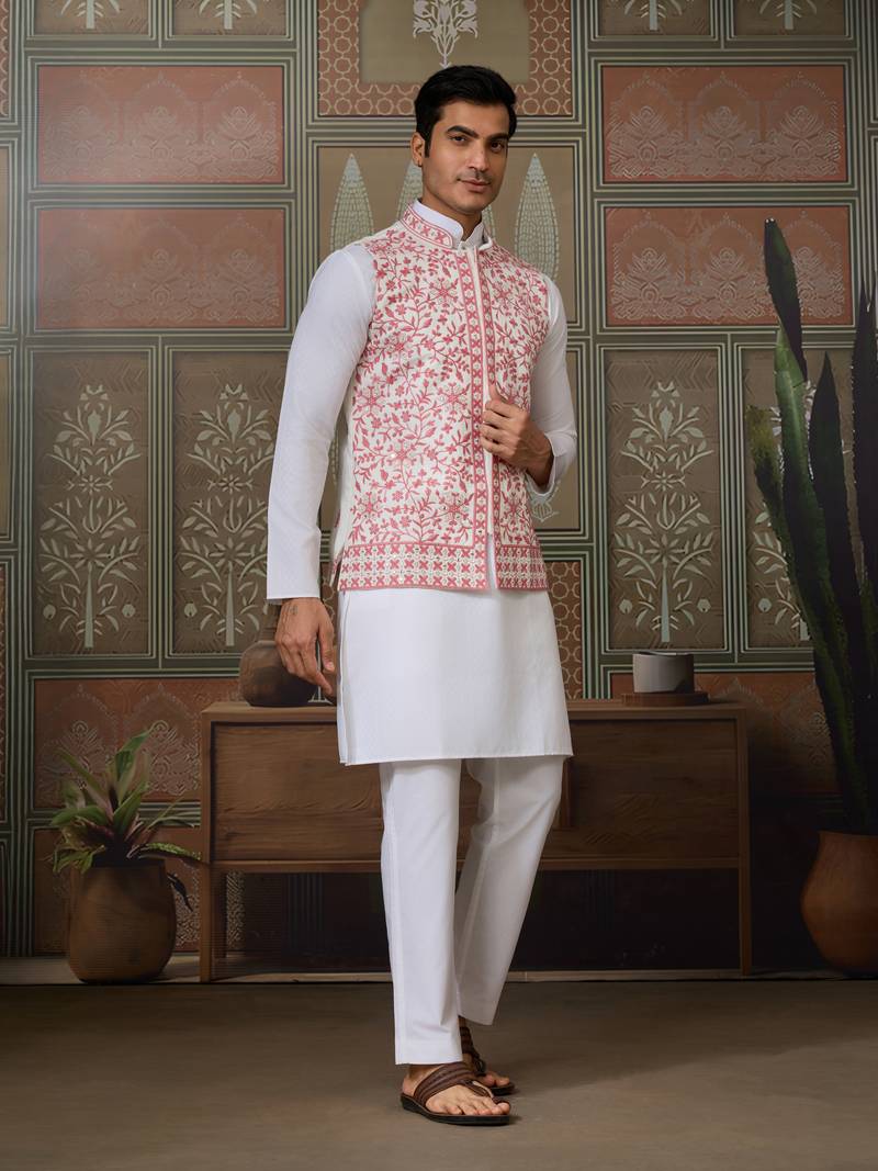 White pink silk real mirror with thread embroidered work wedding festival party wear straight kurta with jacke and pant