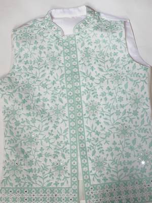 WHITE GREEN SILK REAL MIRROR WITH THREAD EMBROIDERED WORK WEDDING FESTIVAL PARTY WEAR STRAIGHT KURTA WITH JACKE AND PANT 9