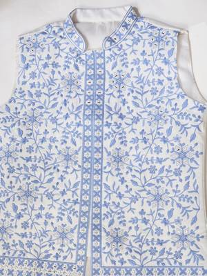 WHITE BLUE SILK REAL MIRROR WITH THREAD EMBROIDERED WORK WEDDING FESTIVAL PARTY WEAR STRAIGHT KURTA WITH JACKE AND PANT 9