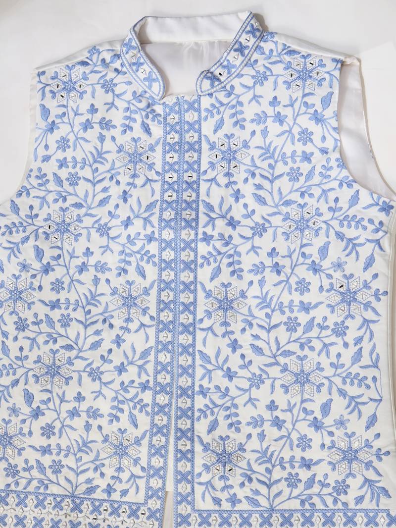 White blue silk real mirror with thread embroidered work wedding festival party wear straight kurta with jacke and pant