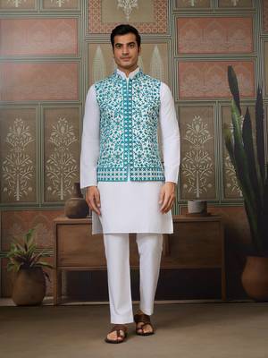 WHITE TURQUOISE SILK REAL MIRROR WITH THREAD EMBROIDERED WORK FESTIVAL PARTY WEAR STRAIGHT KURTA WITH JACKE AND PANT 8