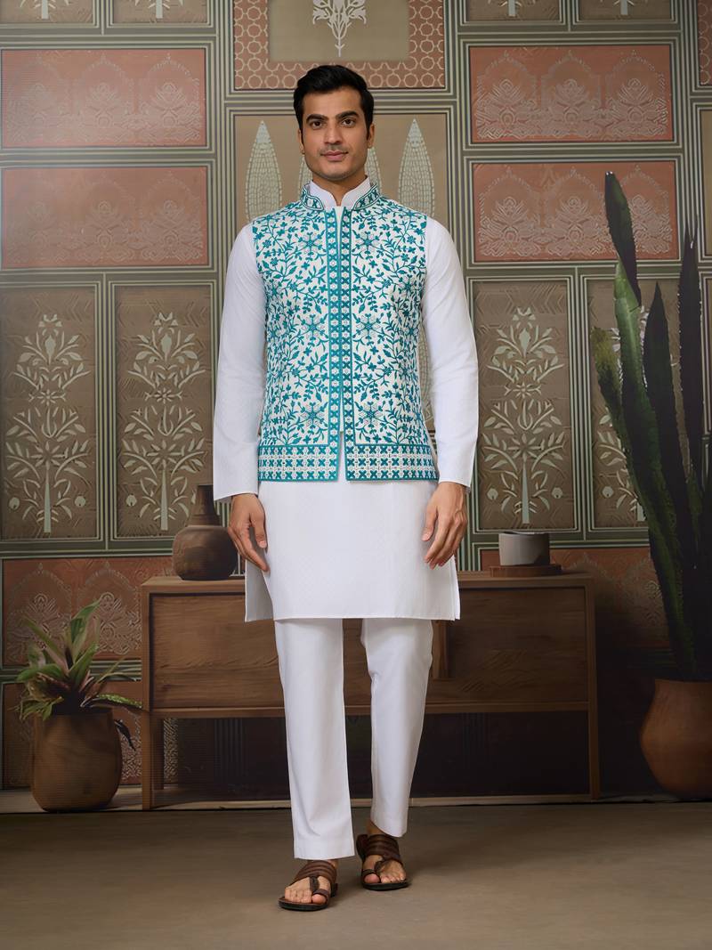 White turquoise silk real mirror with thread embroidered work festival party wear straight kurta with jacke and pant