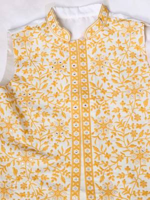 WHITE YELLOW SILK REAL MIRROR WITH THREAD EMBROIDERED WORK FESTIVAL PARTY WEAR STRAIGHT KURTA WITH JACKE AND PANT 9