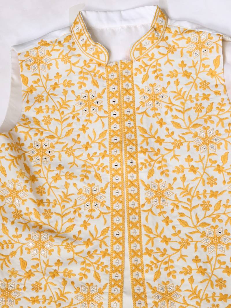 White yellow silk real mirror with thread embroidered work festival party wear straight kurta with jacke and pant