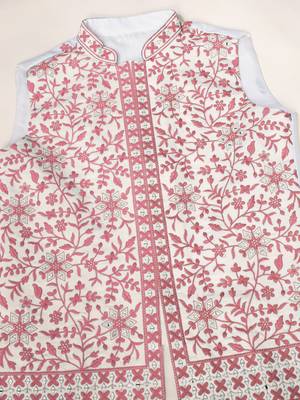 WHITE PINK SILK REAL MIRROR WITH THREAD EMBROIDERED WORK WEDDING FESTIVAL PARTY WEAR STRAIGHT KURTA WITH JACKE AND PANT 10