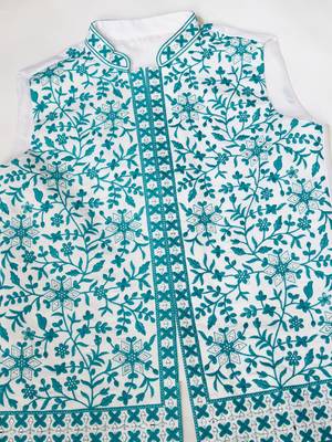 WHITE TURQUOISE SILK REAL MIRROR WITH THREAD EMBROIDERED WORK FESTIVAL PARTY WEAR STRAIGHT KURTA WITH JACKE AND PANT 9
