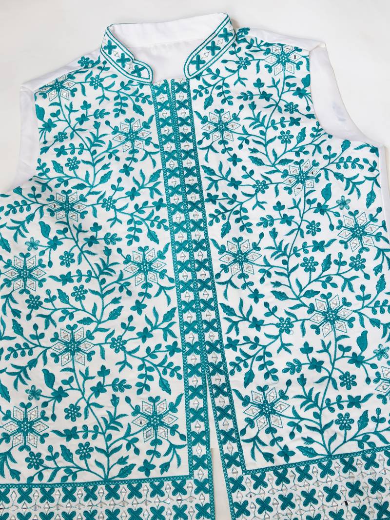 White turquoise silk real mirror with thread embroidered work festival party wear straight kurta with jacke and pant