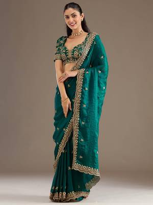 Precious Rama Blue Embroidered Tissue Silk Party Wear Saree With Blouse 1