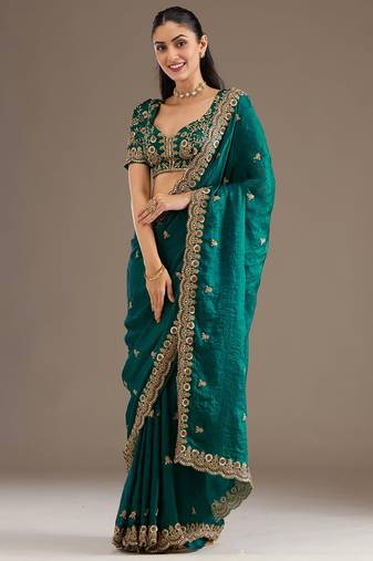 Precious Rama Blue Embroidered Tissue Silk Party Wear Saree With Blouse