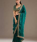 Precious Rama Blue Embroidered Tissue Silk Party Wear Saree With Blouse