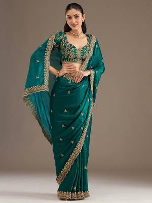 Precious Rama Blue Embroidered Tissue Silk Party Wear Saree With Blouse 3