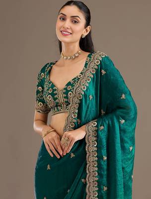 Precious Rama Blue Embroidered Tissue Silk Party Wear Saree With Blouse 6