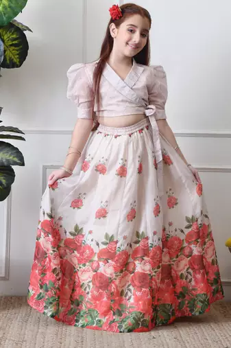 Girls floral printed lehenga choli set – cream wrap top with rose print skirt