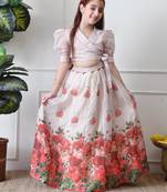 Girls floral printed lehenga choli set     cream wrap top with rose print skirt