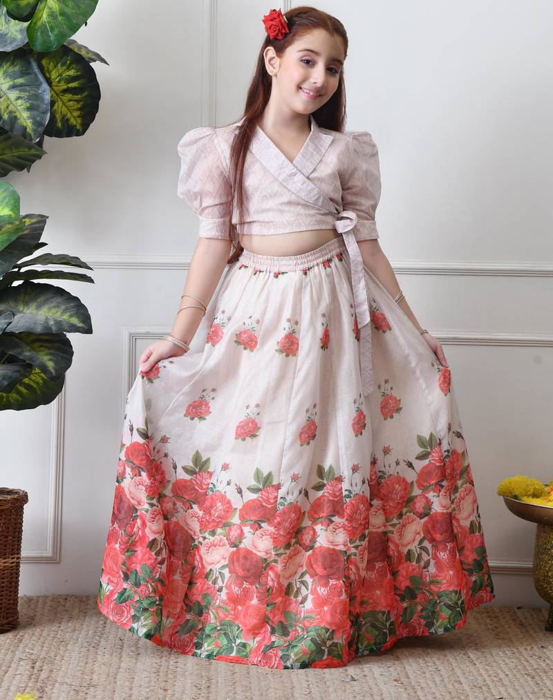 Girls floral printed lehenga choli set     cream wrap top with rose print skirt