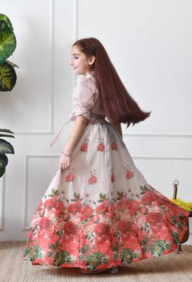 Girls floral printed lehenga choli set   cream wrap top with rose print skirt 2