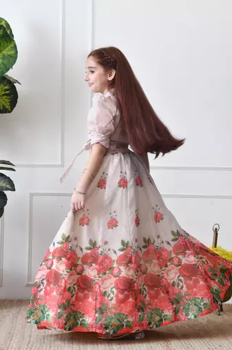 Girls floral printed lehenga choli set   cream wrap top with rose print skirt