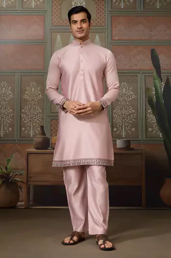 PINK SILK PREMIUM THREAD & SEQUINS EMBROIDERED WORK WEDDING FESTIVAL PARTY WEAR STRAIGHT KURTA WITH JACKE AND PANT
