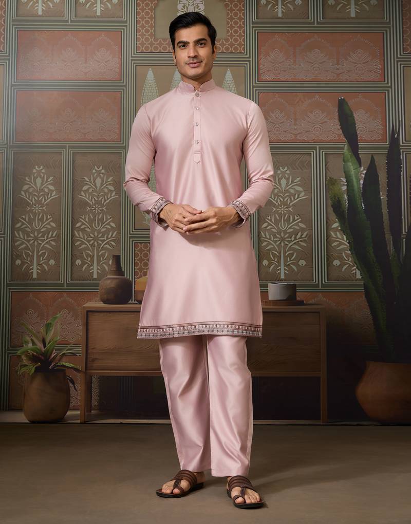 Pink silk premium thread & sequins embroidered work wedding festival party wear straight kurta with jacke and pant