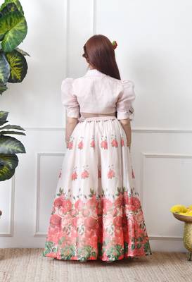 Girls floral printed lehenga choli set   cream wrap top with rose print skirt 3