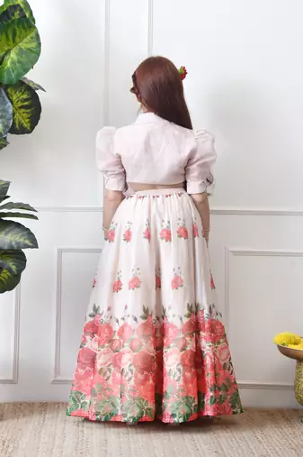 Girls floral printed lehenga choli set   cream wrap top with rose print skirt