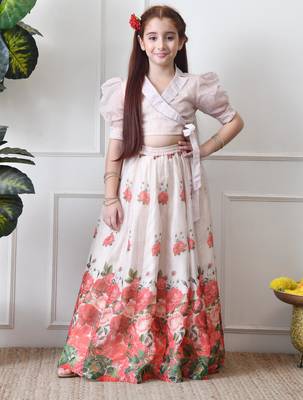 Girls floral printed lehenga choli set   cream wrap top with rose print skirt 4
