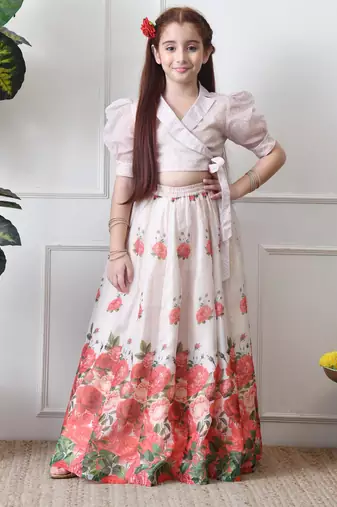 Girls floral printed lehenga choli set   cream wrap top with rose print skirt