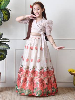 Girls floral printed lehenga choli set   cream wrap top with rose print skirt 5