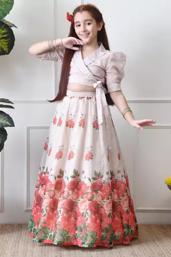 Girls floral printed lehenga choli set   cream wrap top with rose print skirt