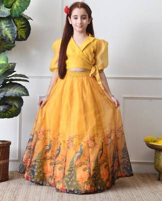 Girls yellow peacock print lehenga set with puff sleeve blouse 1