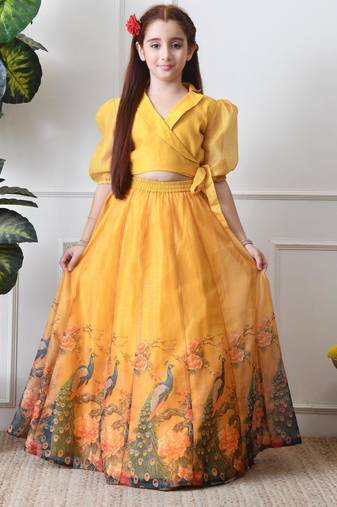 Girls yellow peacock print lehenga set with puff sleeve blouse