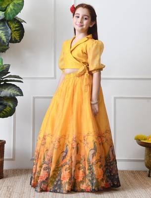 Girls yellow peacock print lehenga set with puff sleeve blouse 2