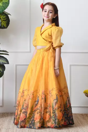 Girls yellow peacock print lehenga set with puff sleeve blouse