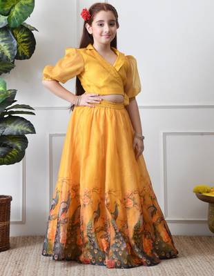 Girls yellow peacock print lehenga set with puff sleeve blouse 3