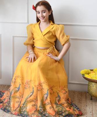 Girls yellow peacock print lehenga set with puff sleeve blouse 4