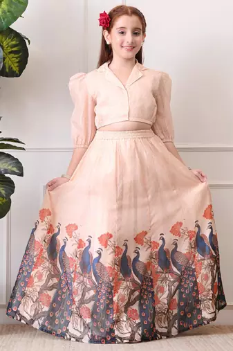 Girls peach peacock print lehenga set with puff sleeve blouse