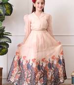 Girls peach peacock print lehenga set with puff sleeve blouse